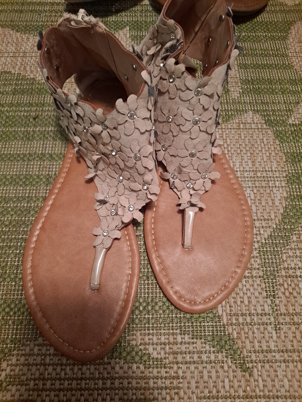 Beige Floral T-Strap Women's Sandals
